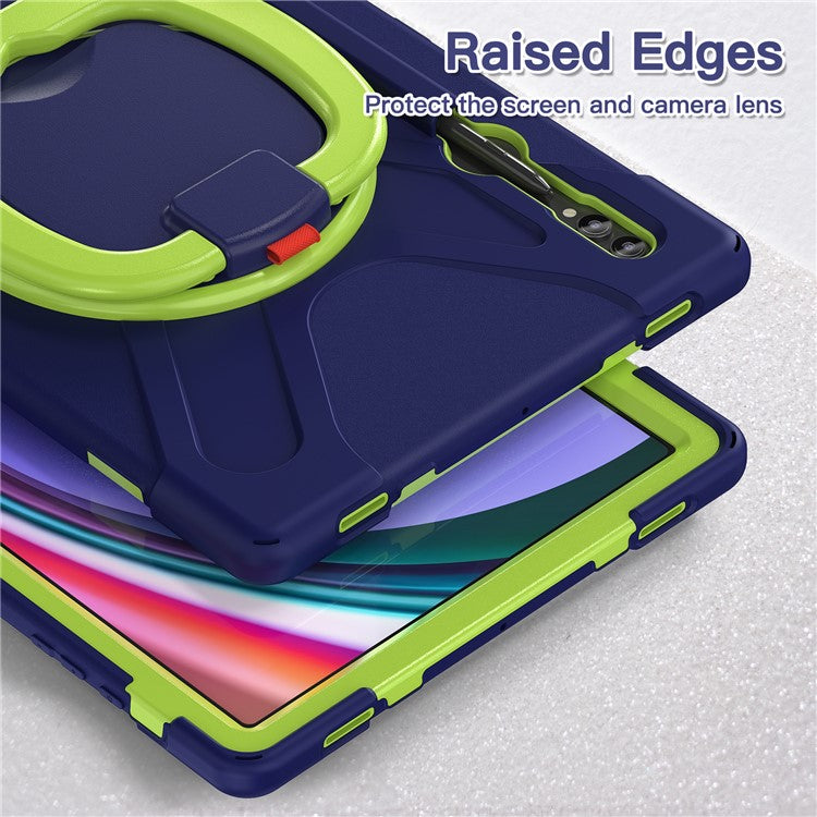 For Samsung Galaxy Tab S10 Ultra X920 / S9 Ultra X910 / S8 Ultra X900 / X906 PC+ Silicone Tablet Case Drop-Proof Rotating Kickstand Cover - Blue  /  Yellowgreen