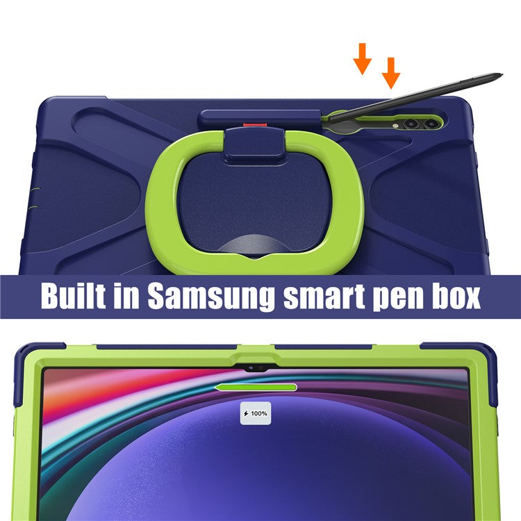 For Samsung Galaxy Tab S10 Ultra X920 / S9 Ultra X910 / S8 Ultra X900 / X906 PC+ Silicone Tablet Case Drop-Proof Rotating Kickstand Cover - Blue  /  Yellowgreen