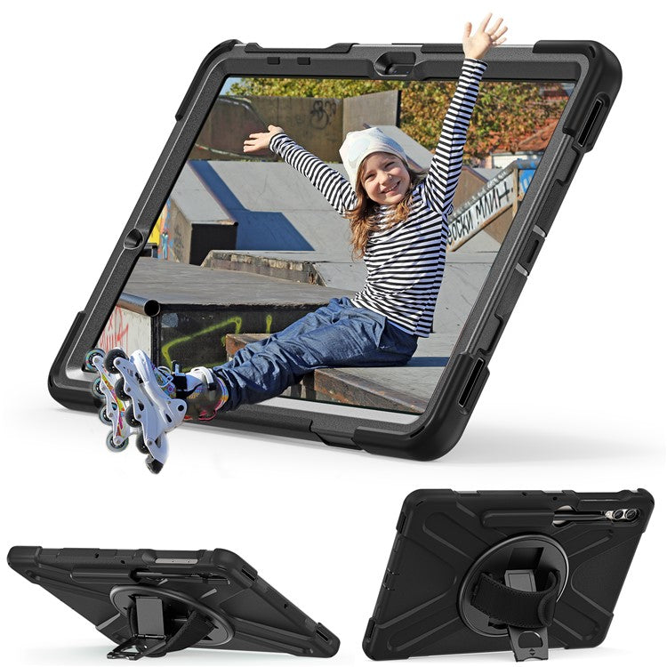 For Samsung Galaxy Tab S10+ X826 / S9 FE+ / S9+ / S8+ / S7+ Wrist Strap Tablet Case Anti-Scratch PC+Silicone Kickstand Cover - Black