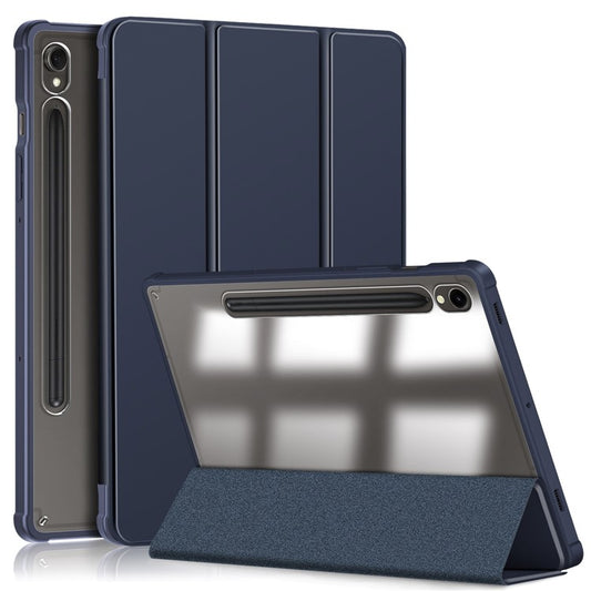 Protective Case for Samsung Galaxy Tab S9 (SM-X710 / SM-X716B / SM-X718U) PU+TPU+Acrylic Tri-fold Stand Tablet Cover with Pen Slot - Blue