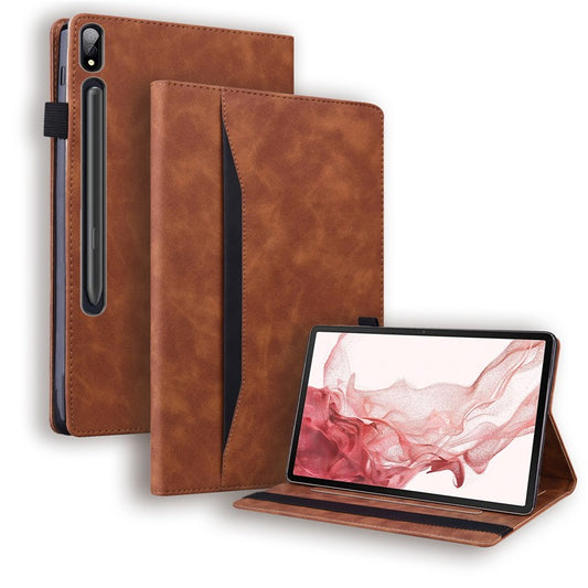 For Samsung Galaxy Tab S9 Ultra PU Leather Tablet Wallet Cover Pencil Holder Loop Tablet Case with Stand - Brown
