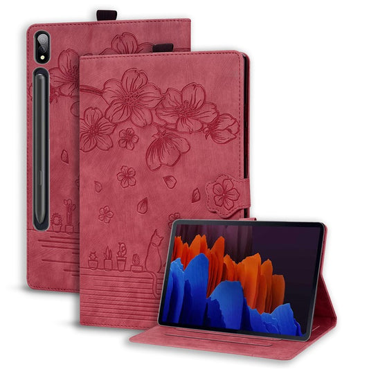 For Samsung Galaxy Tab S9 Ultra Leather Stand Cover Flower Cat Imprinted Tablet Case with Card Slots - Wine Red