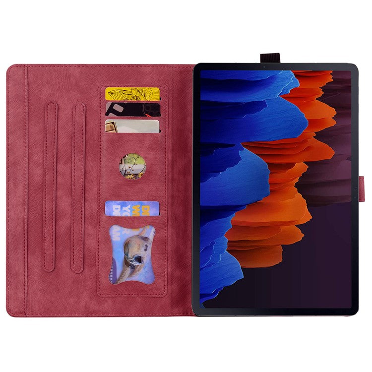 For Samsung Galaxy Tab S9 Ultra Leather Stand Cover Flower Cat Imprinted Tablet Case with Card Slots - Wine Red