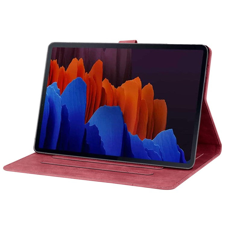 For Samsung Galaxy Tab S9 Ultra Leather Stand Cover Flower Cat Imprinted Tablet Case with Card Slots - Wine Red