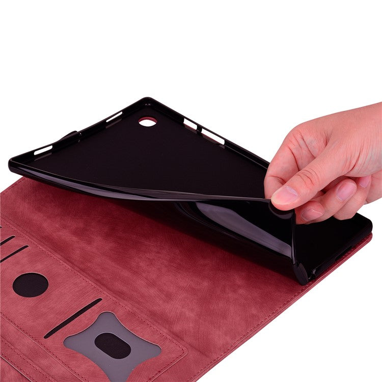 For Samsung Galaxy Tab S9 Ultra Leather Stand Cover Flower Cat Imprinted Tablet Case with Card Slots - Wine Red