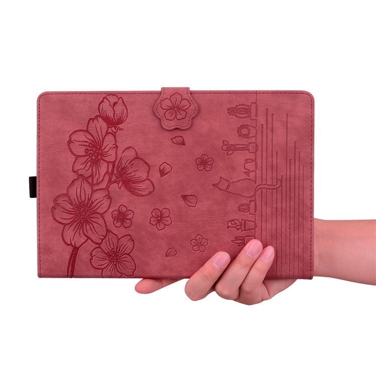 For Samsung Galaxy Tab S9 Ultra Leather Stand Cover Flower Cat Imprinted Tablet Case with Card Slots - Wine Red
