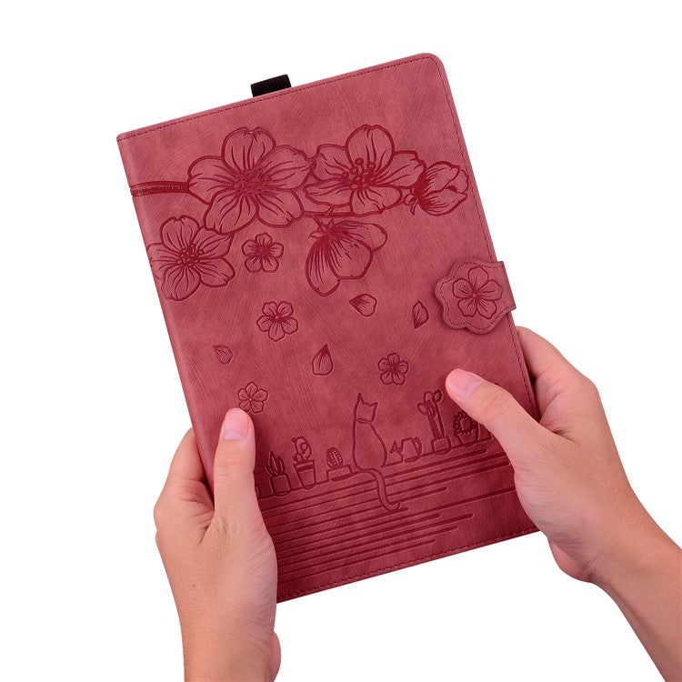 For Samsung Galaxy Tab S9 Ultra Leather Stand Cover Flower Cat Imprinted Tablet Case with Card Slots - Wine Red
