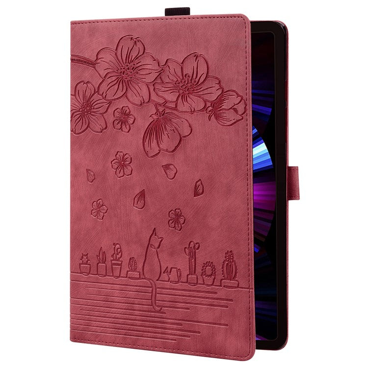 For Samsung Galaxy Tab S9 Ultra Leather Stand Cover Flower Cat Imprinted Tablet Case with Card Slots - Wine Red