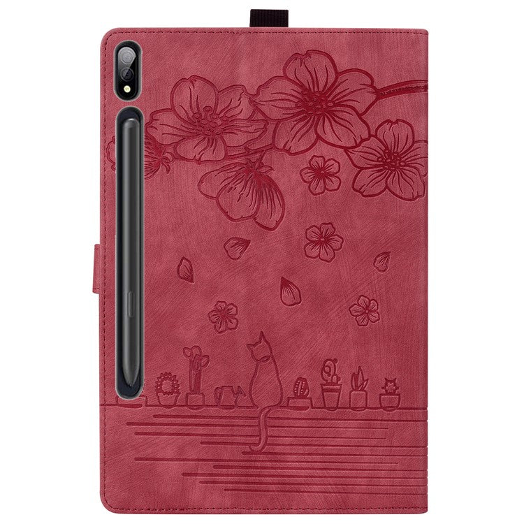 For Samsung Galaxy Tab S9 Ultra Leather Stand Cover Flower Cat Imprinted Tablet Case with Card Slots - Wine Red