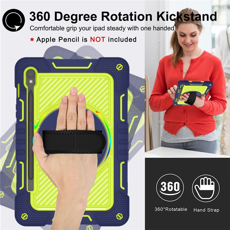 Shockproof Case for Samsung Galaxy Tab S9 Kickstand Silicone+PC Tablet Cover with Wrist Band / Shoulder Strap - Navy Blue+Yellow Green