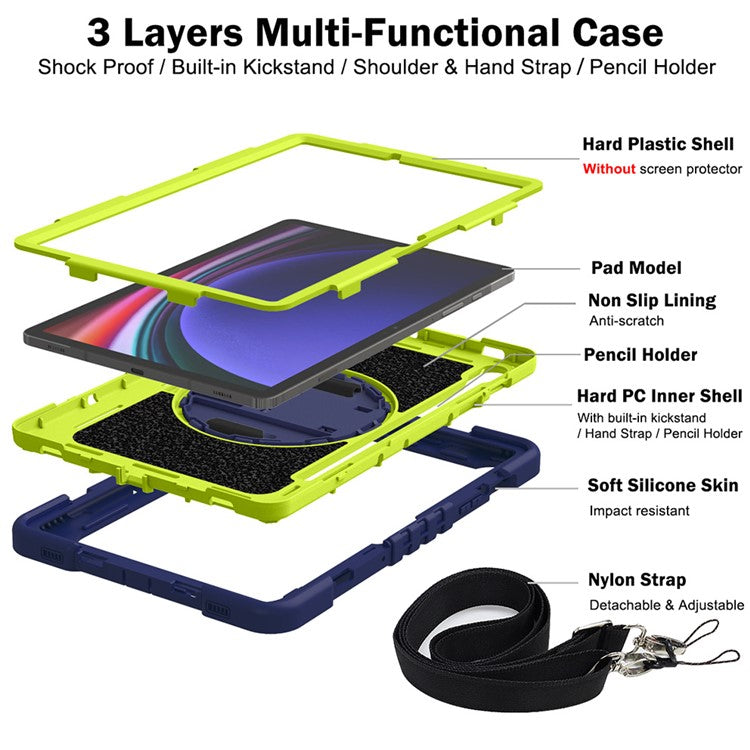 Shockproof Case for Samsung Galaxy Tab S9 Kickstand Silicone+PC Tablet Cover with Wrist Band / Shoulder Strap - Navy Blue+Yellow Green