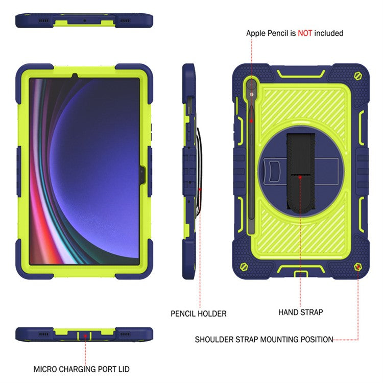 Shockproof Case for Samsung Galaxy Tab S9 Kickstand Silicone+PC Tablet Cover with Wrist Band / Shoulder Strap - Navy Blue+Yellow Green