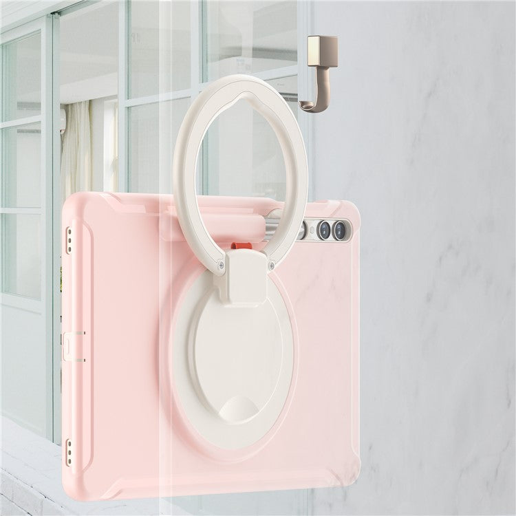 For Samsung Galaxy Tab S10+ X826 / S9 FE+ / S7+ T970 / Tab S7 FE T730 / Tab S8+ X800 / Tab S9+ X810 Case PC+TPU Rotating Kickstand Tablet Cover with Pen Holder - Cherry Blossoms Pink