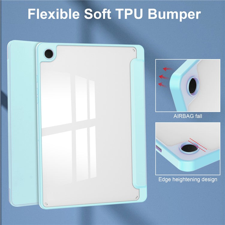 Clear Back Cover for Samsung Galaxy Tab A9+ PU+TPU+Acrylic Tablet Case with Pen Slot - Baby Blue