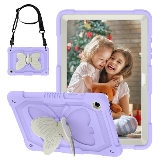 For Samsung Galaxy Tab A9+ Tablet Case Soft Silicone + PC Kickstand Butterfly Shape Cover - Beige  /  Purple