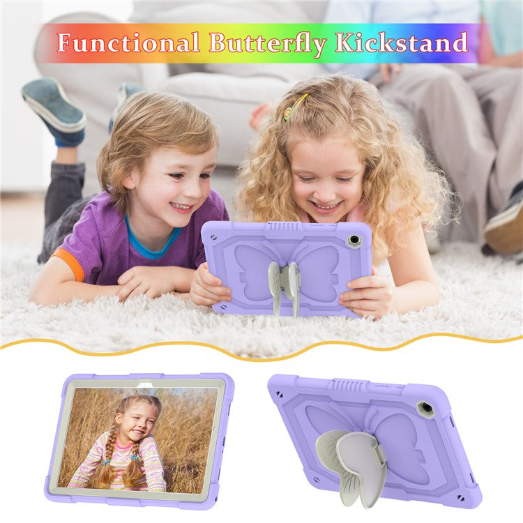 For Samsung Galaxy Tab A9+ Tablet Case Soft Silicone + PC Kickstand Butterfly Shape Cover - Beige  /  Purple