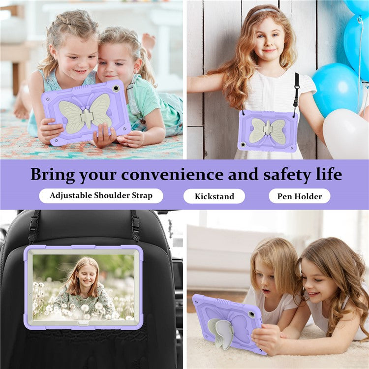 For Samsung Galaxy Tab A9+ Tablet Case Soft Silicone + PC Kickstand Butterfly Shape Cover - Beige  /  Purple