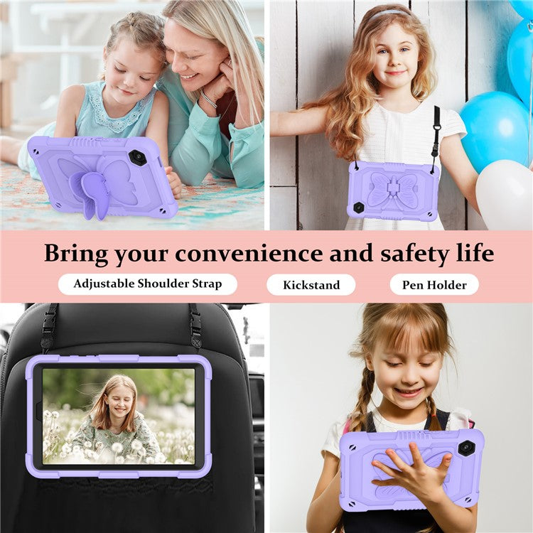 For Samsung Galaxy Tab A9  Tablet Case Butterfly Shape Silicone + PC Protective Cover with Shoulder Strap - Purple