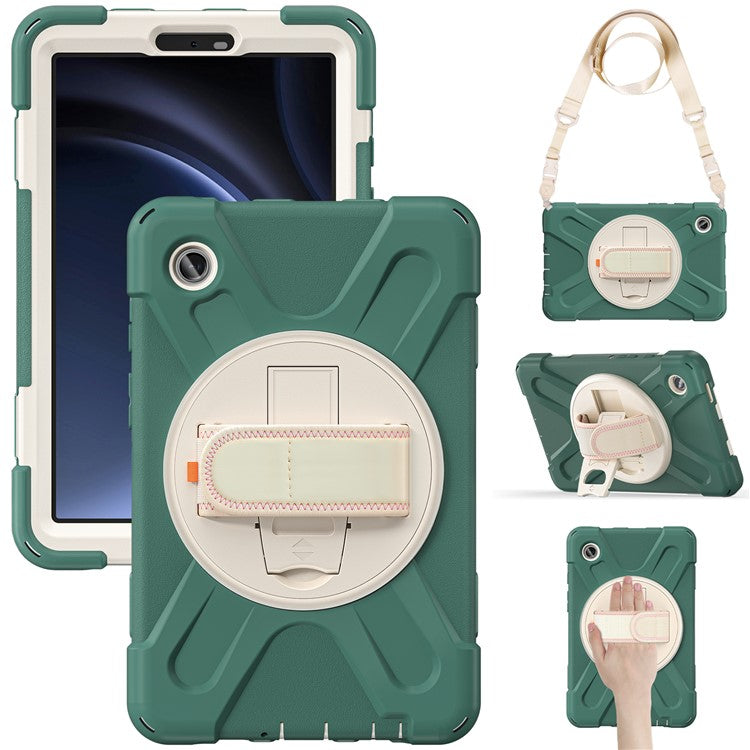 For Samsung Galaxy Tab A9 Tablet Case Kickstand PC+Silicone Cover with Hand Band / Shoulder Strap - Emerald Green
