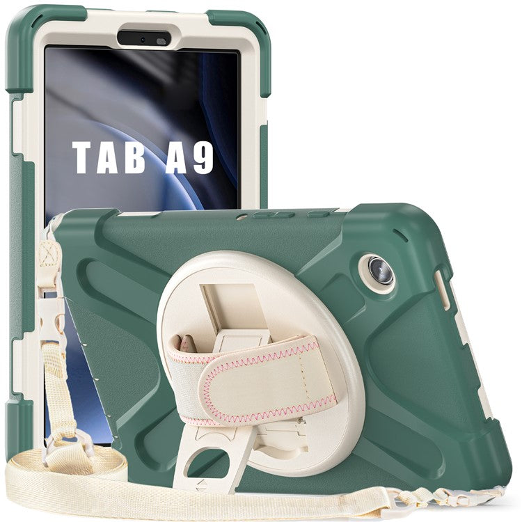 For Samsung Galaxy Tab A9 Tablet Case Kickstand PC+Silicone Cover with Hand Band / Shoulder Strap - Emerald Green