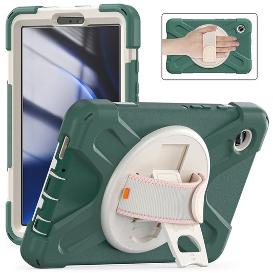 For Samsung Galaxy Tab A9 Case Rotary Kickstand PC+Silicone Hand Strap Tablet Cover - Emerald Green