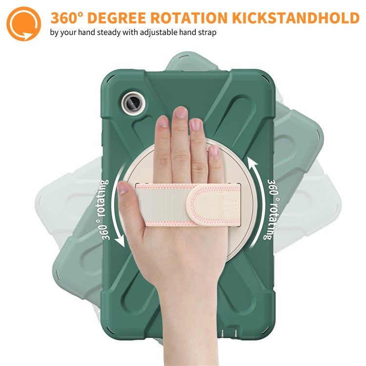 For Samsung Galaxy Tab A9 Case Rotary Kickstand PC+Silicone Hand Strap Tablet Cover - Emerald Green