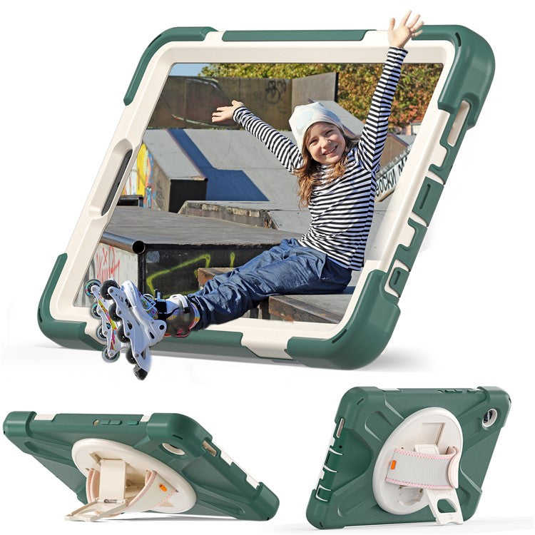 For Samsung Galaxy Tab A9 Case Rotary Kickstand PC+Silicone Hand Strap Tablet Cover - Emerald Green