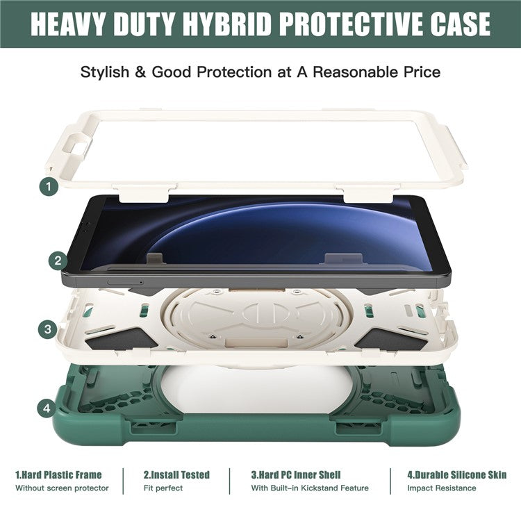 For Samsung Galaxy Tab A9 Case Rotary Kickstand PC+Silicone Hand Strap Tablet Cover - Emerald Green