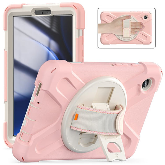 For Samsung Galaxy Tab A9 Case Rotary Kickstand PC+Silicone Hand Strap Tablet Cover - Pink
