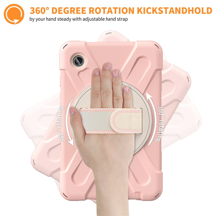 For Samsung Galaxy Tab A9 Case Rotary Kickstand PC+Silicone Hand Strap Tablet Cover - Pink