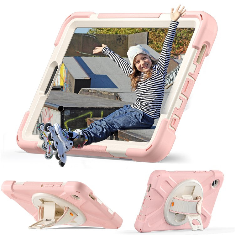 For Samsung Galaxy Tab A9 Case Rotary Kickstand PC+Silicone Hand Strap Tablet Cover - Pink