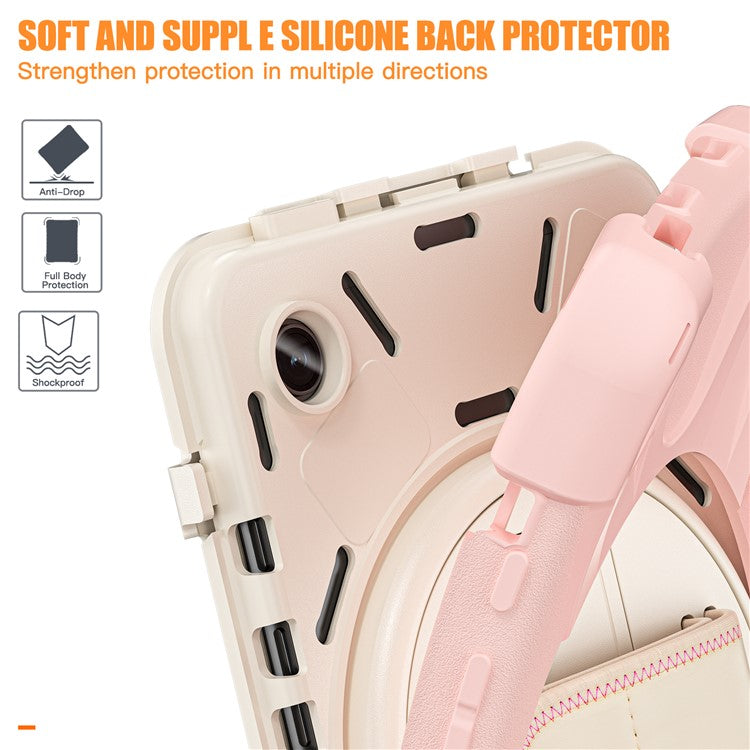 For Samsung Galaxy Tab A9 Case Rotary Kickstand PC+Silicone Hand Strap Tablet Cover - Pink