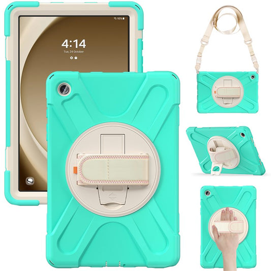 For Samsung Galaxy Tab A9+ Case PC+Silicone Kickstand Tablet Cover with Hand Band / Shoulder Strap - Mint Green