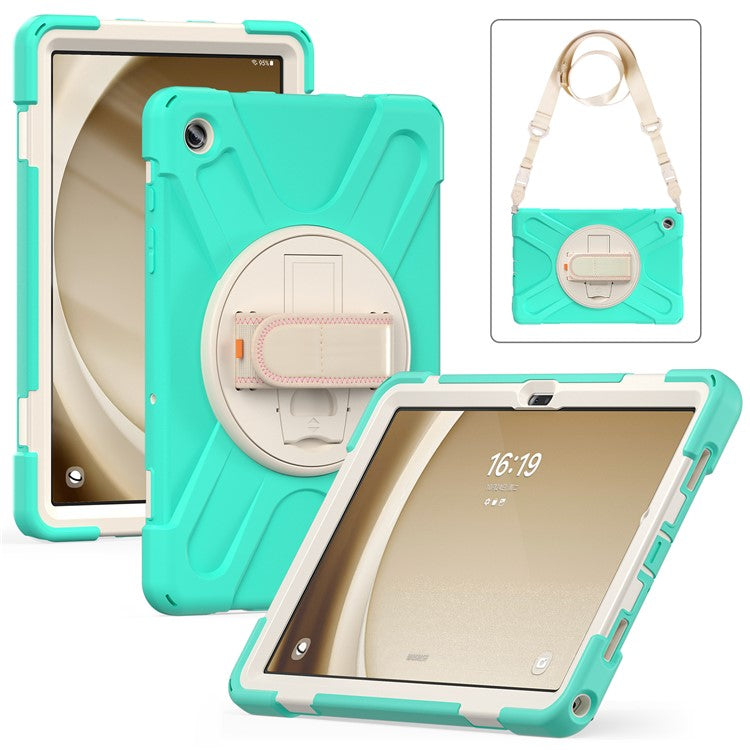 For Samsung Galaxy Tab A9+ Case PC+Silicone Kickstand Tablet Cover with Hand Band / Shoulder Strap - Mint Green