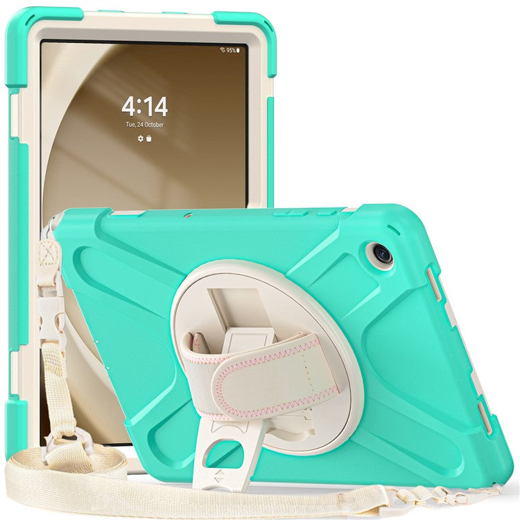 For Samsung Galaxy Tab A9+ Case PC+Silicone Kickstand Tablet Cover with Hand Band / Shoulder Strap - Mint Green