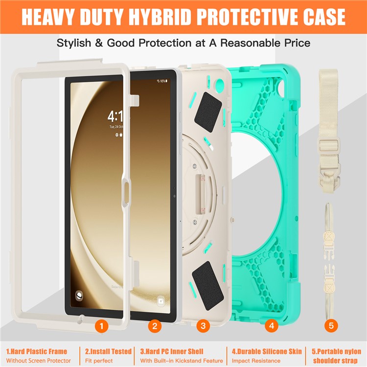 For Samsung Galaxy Tab A9+ Case PC+Silicone Kickstand Tablet Cover with Hand Band / Shoulder Strap - Mint Green