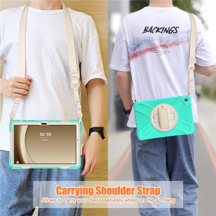 For Samsung Galaxy Tab A9+ Case PC+Silicone Kickstand Tablet Cover with Hand Band / Shoulder Strap - Mint Green