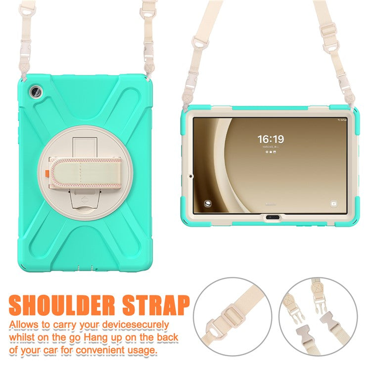 For Samsung Galaxy Tab A9+ Case PC+Silicone Kickstand Tablet Cover with Hand Band / Shoulder Strap - Mint Green