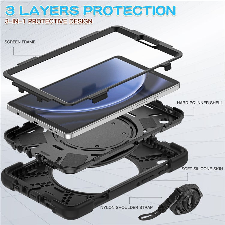 For Samsung Galaxy Tab A9 Case Rotary Kickstand PC+Silicone Cover with Shoulder Strap - Black+Black