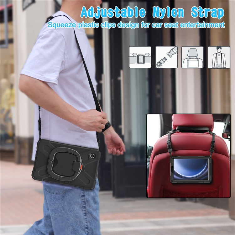 For Samsung Galaxy Tab A9 Case Rotary Kickstand PC+Silicone Cover with Shoulder Strap - Black+Black