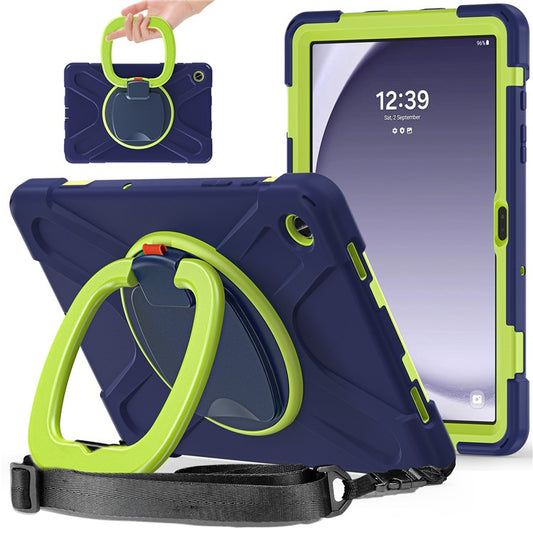 For Samsung Galaxy Tab A9+ Case Rotary Kickstand Anti-drop Tablet Cover with Shoulder Strap - Navy Blue+Yellowgreen