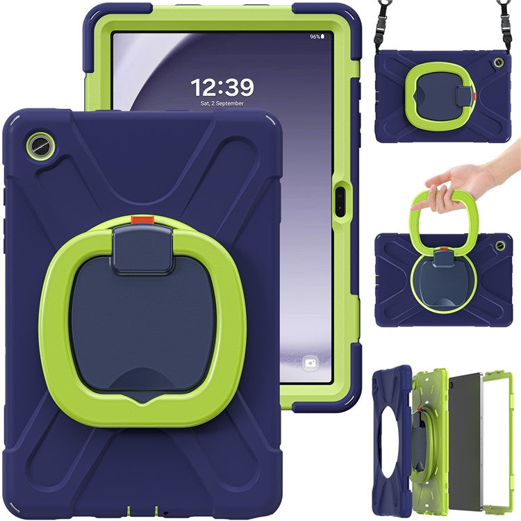 For Samsung Galaxy Tab A9+ Case Rotary Kickstand Anti-drop Tablet Cover with Shoulder Strap - Navy Blue+Yellowgreen