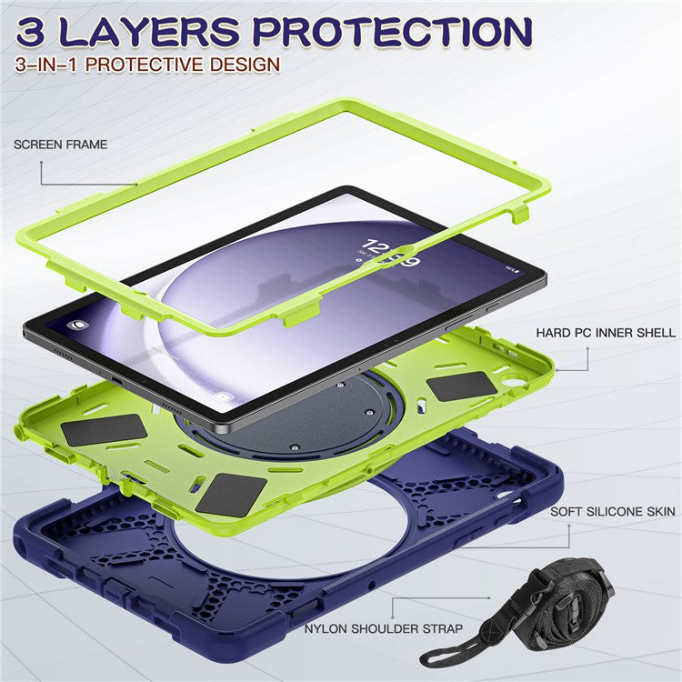 For Samsung Galaxy Tab A9+ Case Rotary Kickstand Anti-drop Tablet Cover with Shoulder Strap - Navy Blue+Yellowgreen