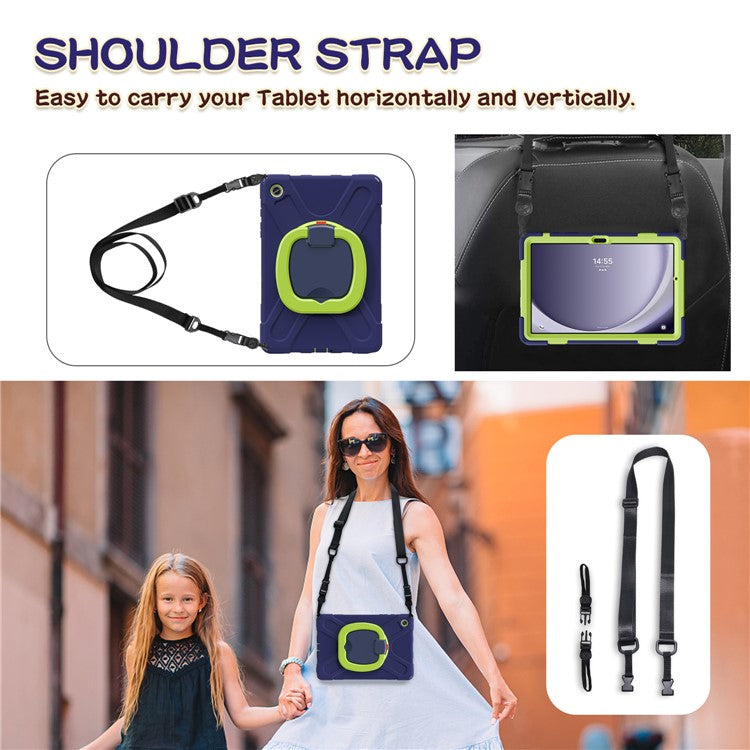 For Samsung Galaxy Tab A9+ Case Rotary Kickstand Anti-drop Tablet Cover with Shoulder Strap - Navy Blue+Yellowgreen
