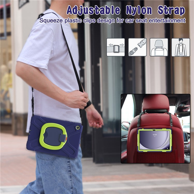 For Samsung Galaxy Tab A9+ Case Rotary Kickstand Anti-drop Tablet Cover with Shoulder Strap - Navy Blue+Yellowgreen