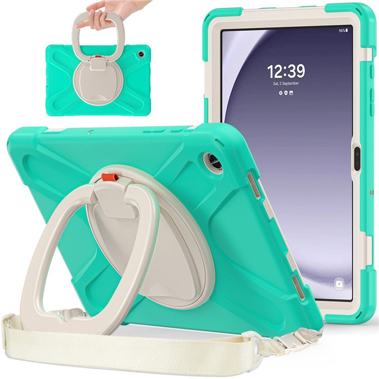 For Samsung Galaxy Tab A9+ Case Rotary Kickstand Anti-drop Tablet Cover with Shoulder Strap - Mint Green