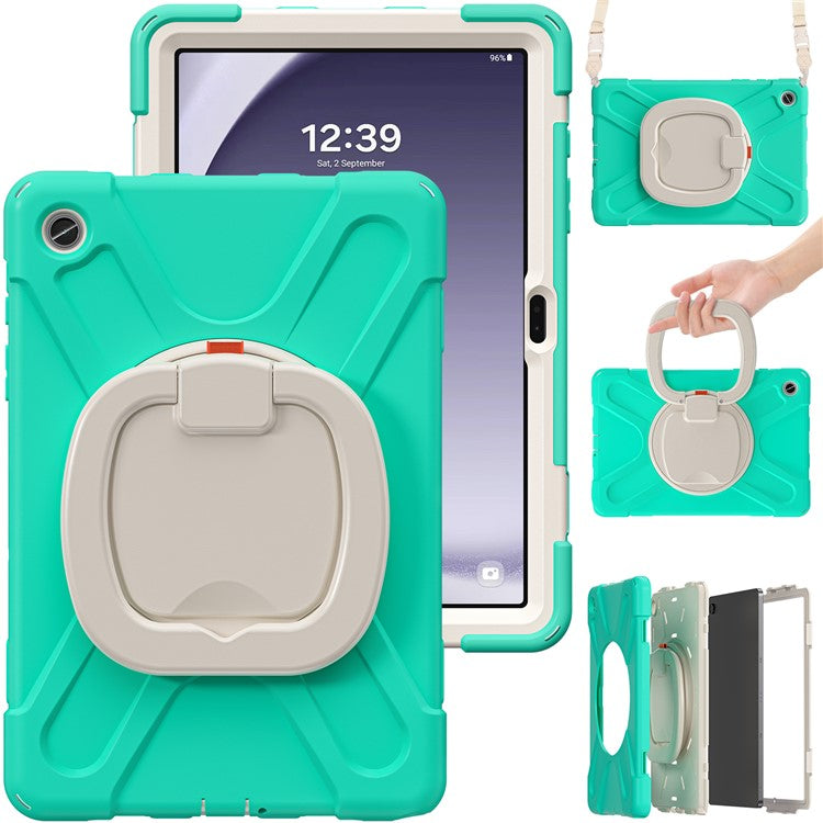 For Samsung Galaxy Tab A9+ Case Rotary Kickstand Anti-drop Tablet Cover with Shoulder Strap - Mint Green
