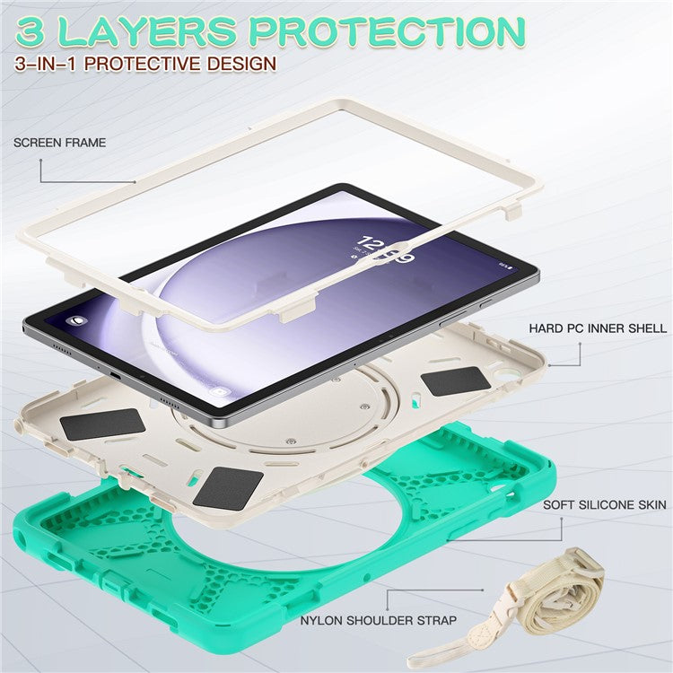 For Samsung Galaxy Tab A9+ Case Rotary Kickstand Anti-drop Tablet Cover with Shoulder Strap - Mint Green