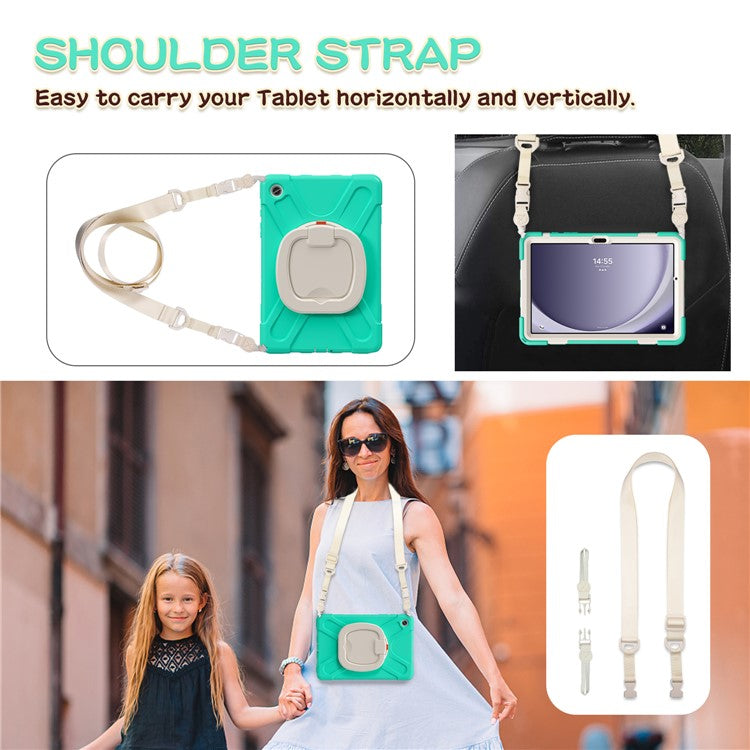 For Samsung Galaxy Tab A9+ Case Rotary Kickstand Anti-drop Tablet Cover with Shoulder Strap - Mint Green