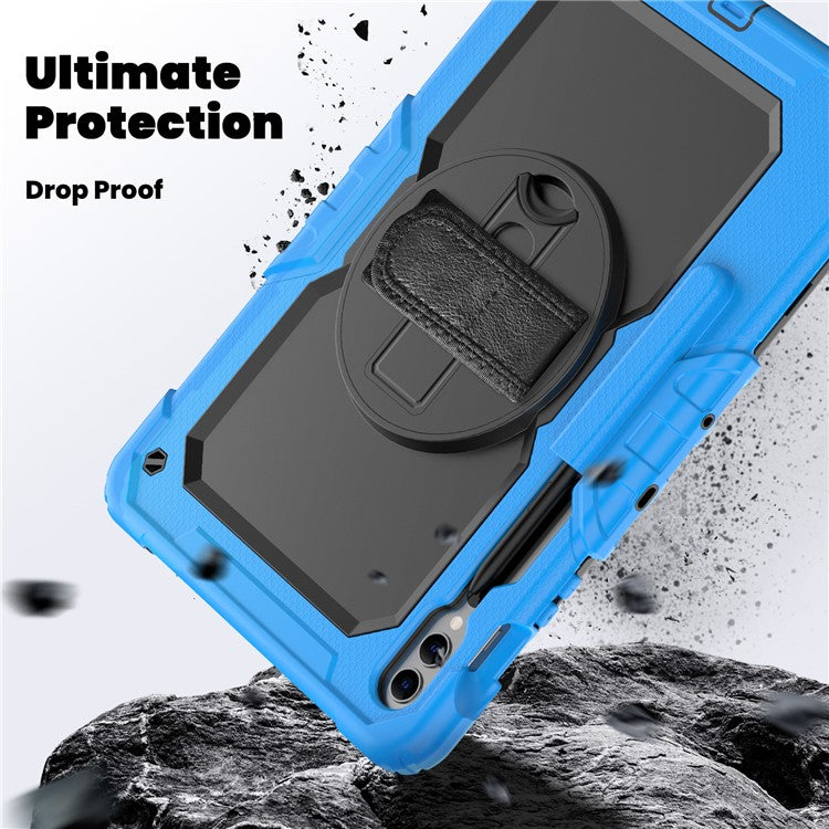 For Samsung Galaxy Tab S9 FE+ SM-X610 SM-X616B Tablet Cover PC+Silicone Case with PET Screen Protector and Kickstand - Black+Blue